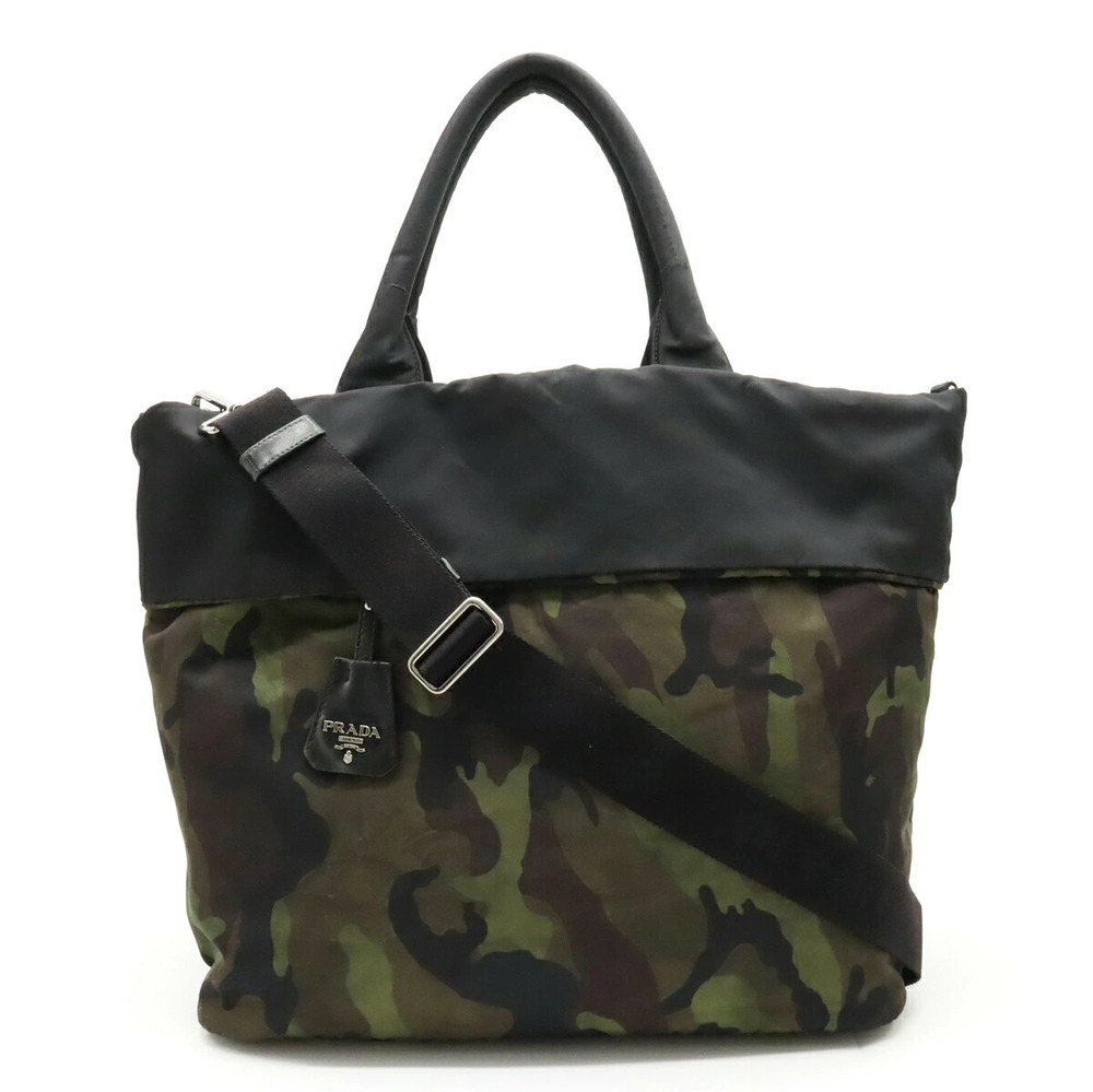 Prada Tote Tessuto Saffiano Bag Shoulder Reversible NERO Black Camouflage